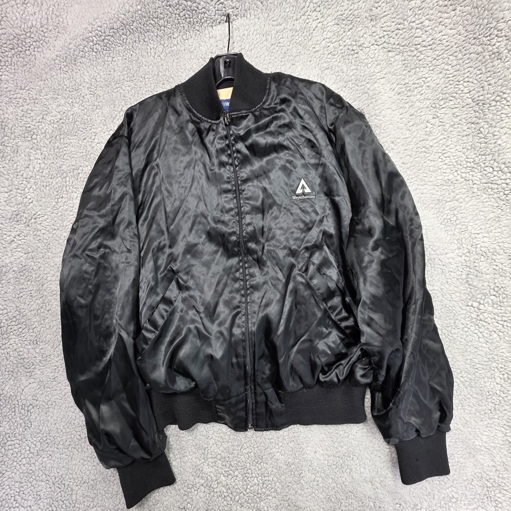 Vintage BLACK Weyerhaeuser Holloway‎ Jacket Men's Sz Large Satin Bomber Zipper